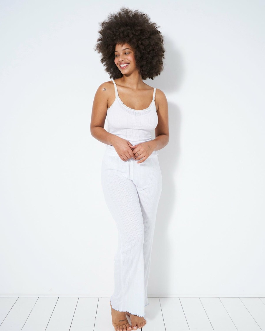 Lounge & Sleep Stripe & Stare | Pointelle Knit Cami & Long Pyjama Bottom Set White